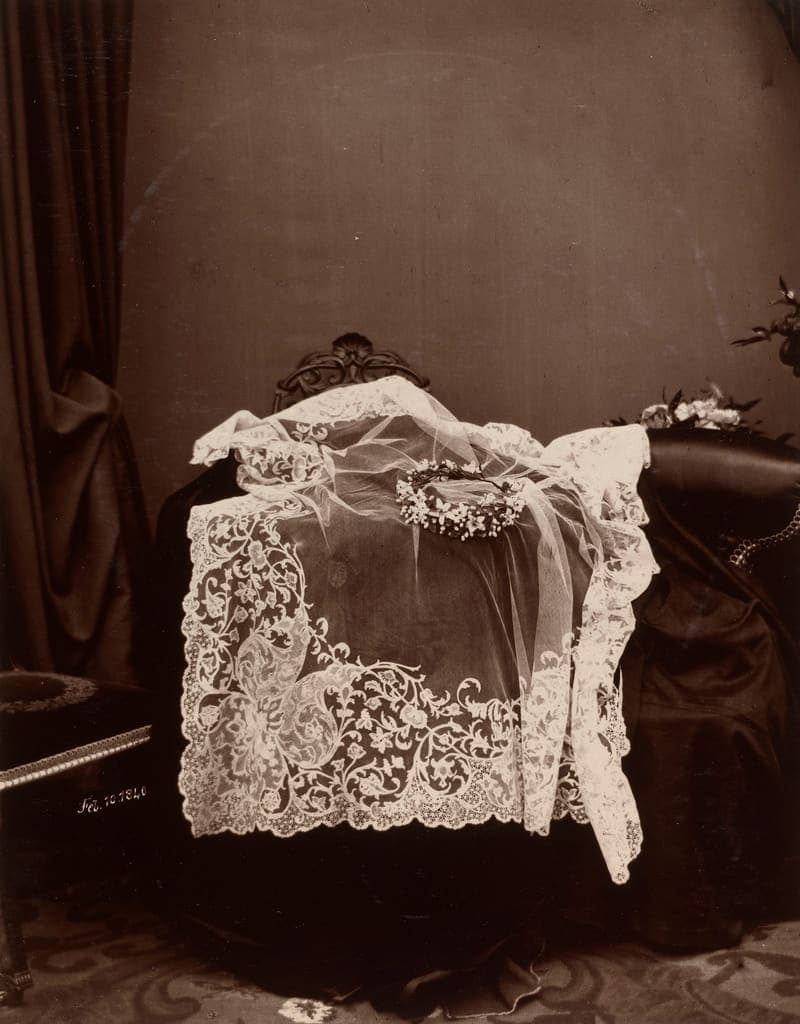 Photograph of Queen Victoria's Honiton lace wedding veil laid out with a wreath of orange blossom
