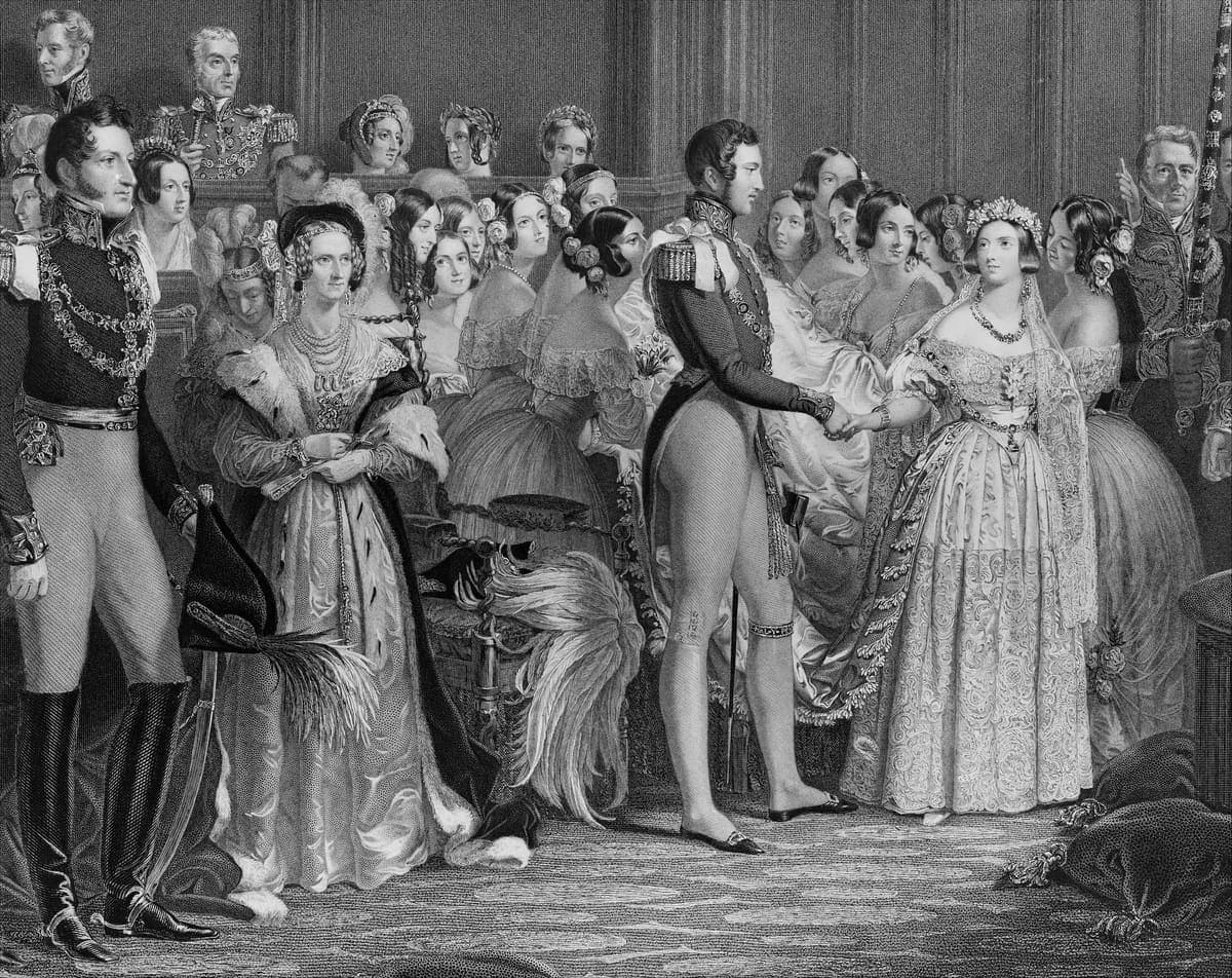 Engraving of Queen Victoria in a white dress and veil taking Prince Albert's hand at their wedding