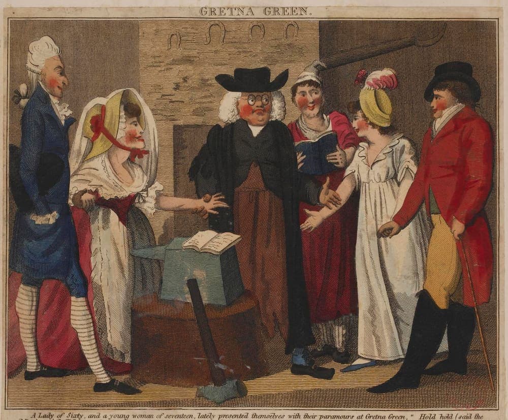 A satirical coloured print of a Gretna Green wedding: a bespectacled 'priest' in black stands by an anvil and hammer between two couples