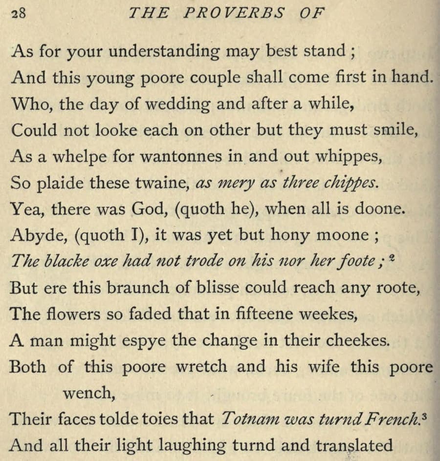 A printed page of John Heywood's Proverbs with the line 'Abyde, (quoth I), it was yet but hony moone'