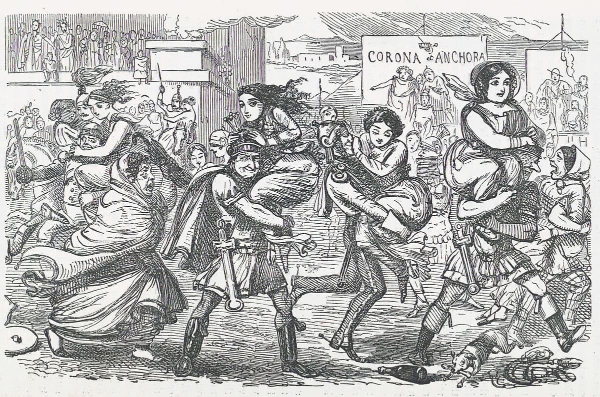 A Victorian cartoon of Roman soldiers running off with women slung over their shoulders