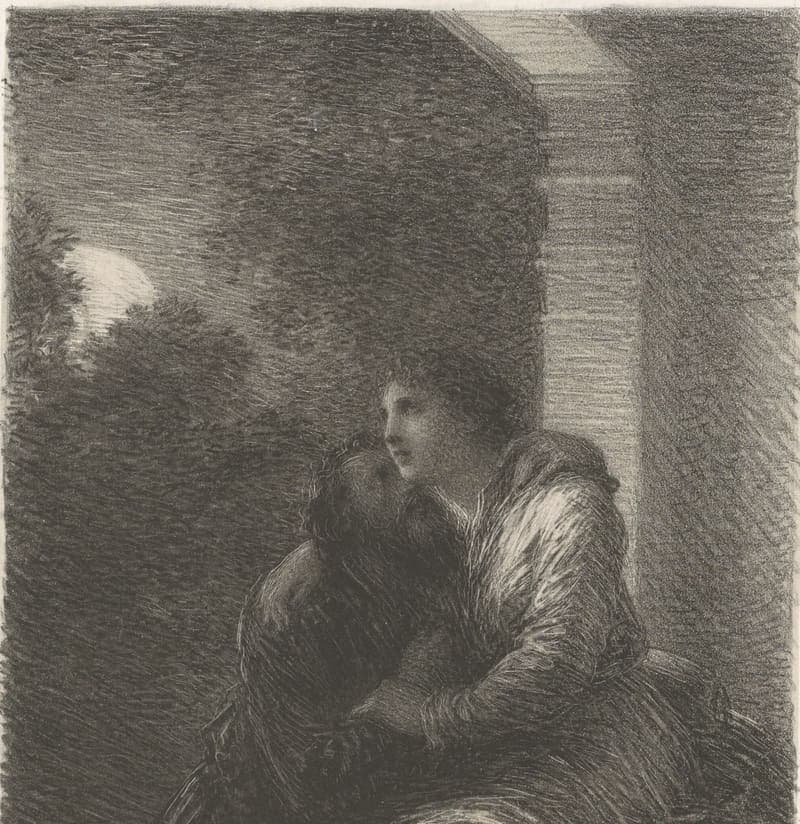 A dark lithograph of a couple embracing by a window at night, the moon behind them