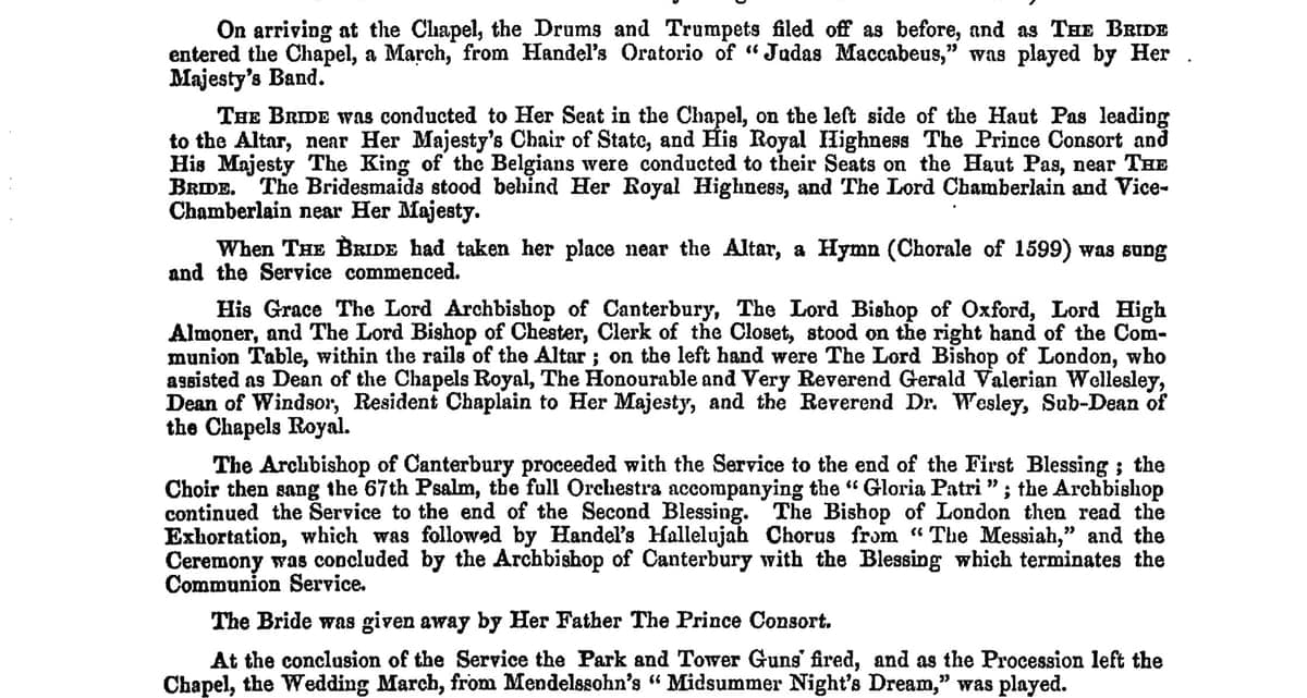 A printed page of the London Gazette describing the 1858 royal wedding ceremony, mentioning Handel's Judas Maccabeus and Mendelssohn's Wedding March