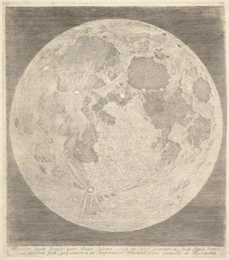 A detailed seventeenth century engraving of the full moon