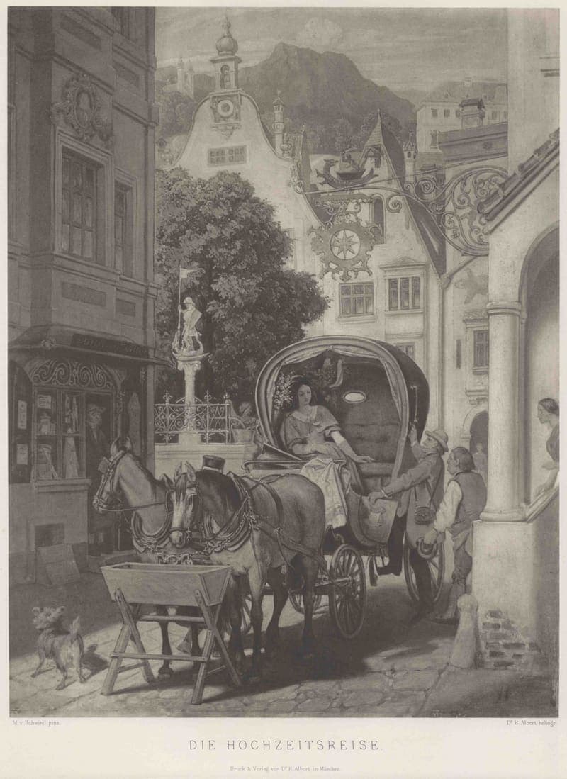 A bride sitting in an open travelling carriage in a town square, about to set off