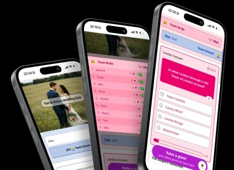 Three iphones showing various screens of the QuizYourGuests app