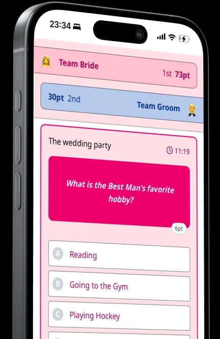 A screenshot of the app showing a customised wedding quiz. The question is about the best man's favourite hobby.